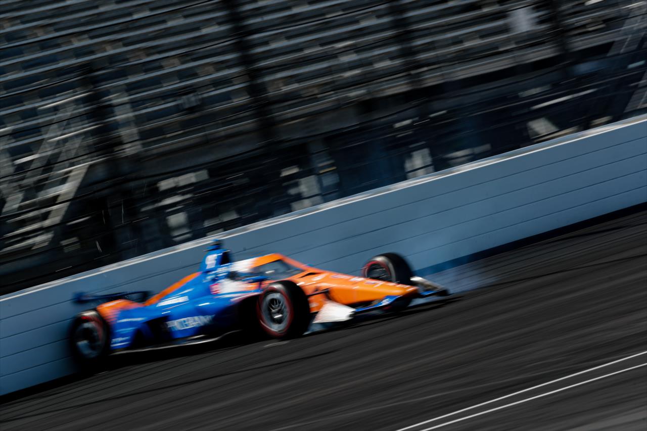 Scott Dixon glances off the Turn 4 wall on Pole Day for the Indianapolis 500 at the Indianapolis Motor Speedway Sunday, August 16, 2020 -- Photo by: Joe Skibinski