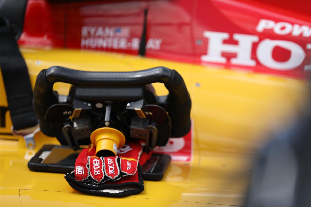 Ryan Hunter-Reay's gloves on Pole Day for the Indianapolis 500 at the Indianapolis Motor Speedway Sunday, August 16, 2020 -- Photo by: Matt Fraver
