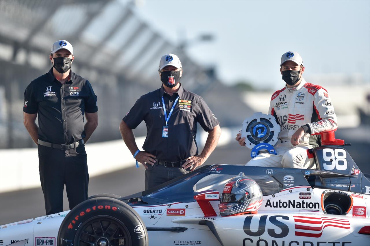 Marco Andretti with team owners Michael Andretti and Bryan Herta during the Day After Shoot for the Indianapolis 500 at the Indianapolis Motor Speedway Monday, August 17, 2020 -- Photo by: Chris Owens