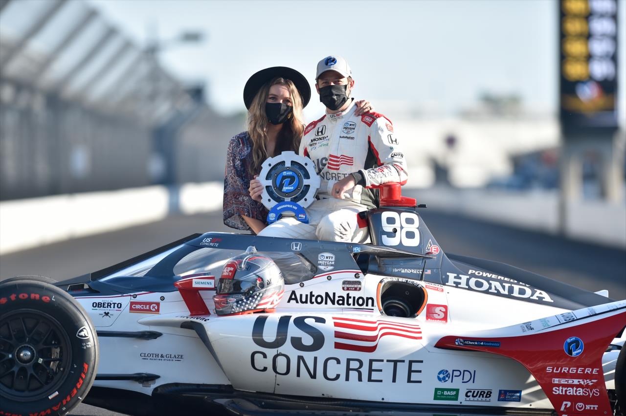 Marco Andretti with his wife Marta during the Day After Shoot for the Indianapolis 500 at the Indianapolis Motor Speedway Monday, August 17, 2020 -- Photo by: Chris Owens