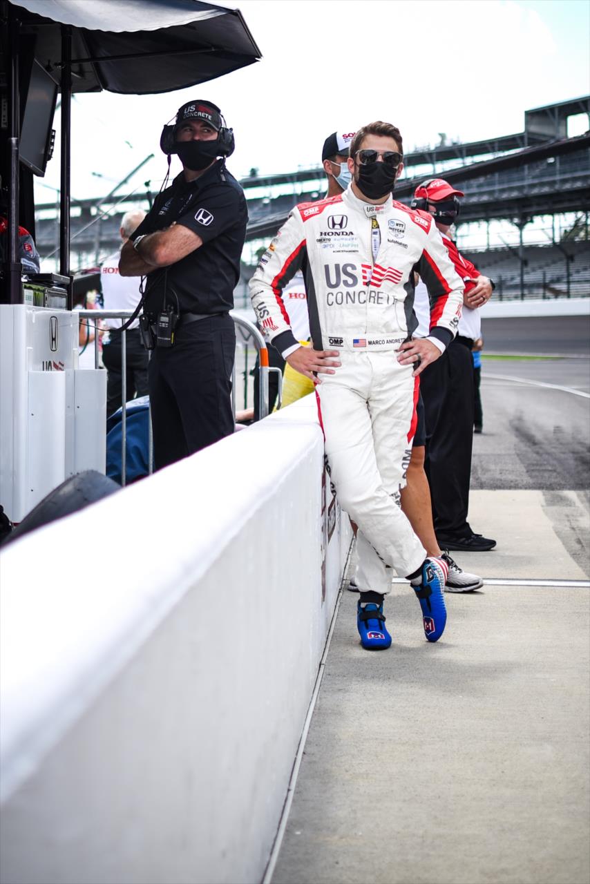 Marco Andretti with team owner Bryan Herta on Pole Day for the Indianapolis 500 at the Indianapolis Motor Speedway Sunday, August 16, 2020 -- Photo by: James  Black
