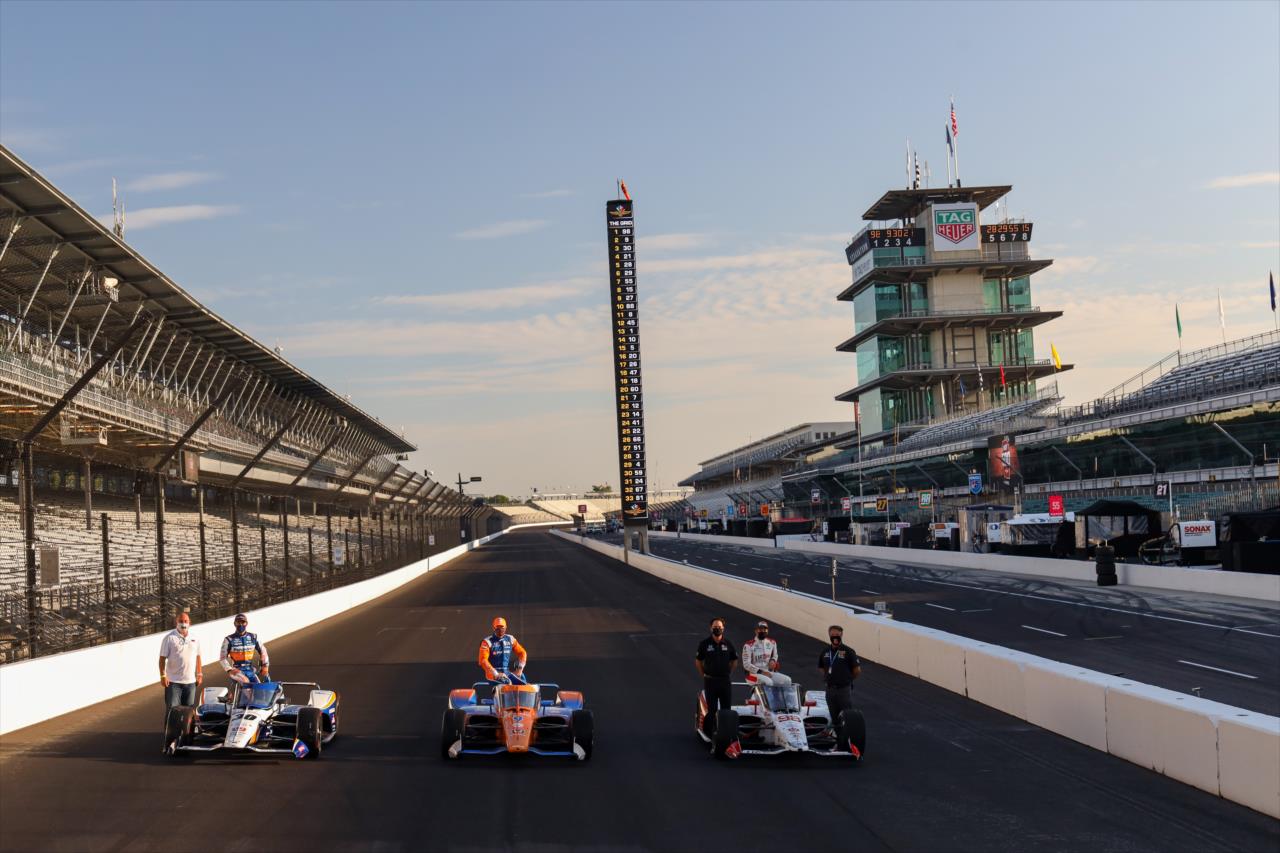 Takuma Sato, Scott Dixon and Marco Andretti with team owners Bobby Rahal, Bryan Herta and Michael Andretti during the Day After Shoot for the Indianapolis 500 at the Indianapolis Motor Speedway Monday, August 17, 2020 -- Photo by: Joe Skibinski