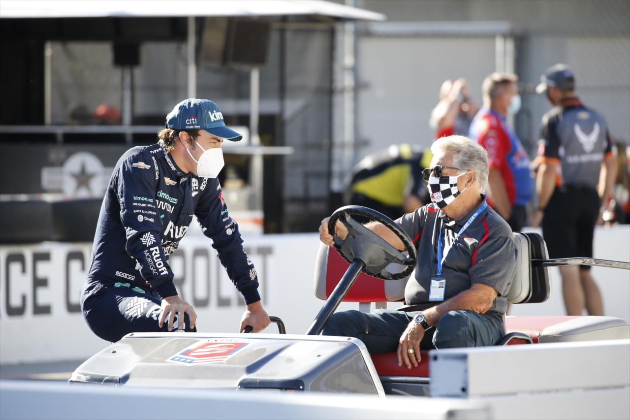 Fernando Alonoso and Mario Andretti on Indianapolis 500 Miller Lite Carb Day at the Indianapolis Motor Speedway Friday, August 21, 2020 -- Photo by: Chris Jones