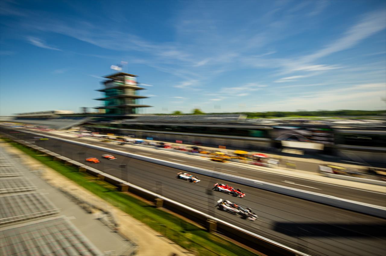 Rinus Veekay leads a group of cars during Indianapolis 500 Miller Lite Carb Day at the Indianapolis Motor Speedway Friday, August 21, 2020 -- Photo by: Karl Zemlin