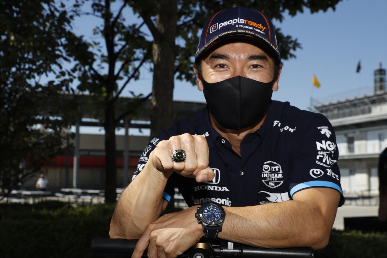 Takuma Sato with his Indianapolis 500 Starters Ring at the Drivers' Meeting for the 2020 Indianapolis 500. -- Photo by: Chris Jones