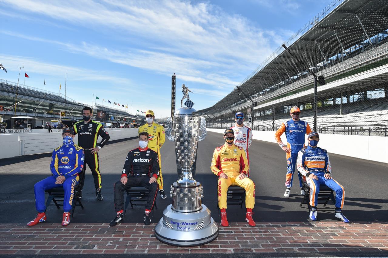 Indianapolis 500 winners Simon Pagenaud, Alexander Rossi, Helio Castroneves, Will Power, Tony Kanaan, Ryan Hunter-Reay, Scott Dixon and Takuma Sato during Indianapolis 500 Miller Lite Carb Day at the Indianapolis Motor Speedway Friday, August 21, 2020 -- Photo by: Chris Owens
