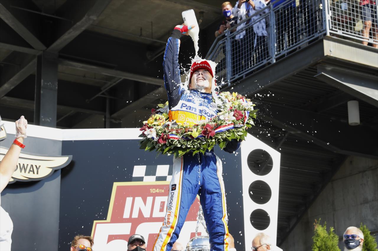 Takuma Sato celebrates winning the 104th Running of the Indianapolis 500 presented by Gainbridge at the Indianapolis Motor Speedway Sunday, August 23, 2020 -- Photo by: Chris Jones