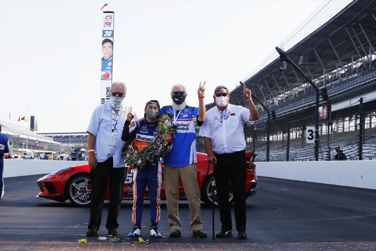 Takuma Sato and team owners Bobby Rahal, David Letterman, and Mike Lanigan celebrate winning the 104th Running of the Indianapolis 500 presented by Gainbridge at the Indianapolis Motor Speedway Sunday, August 23, 2020  -- Photo by: Chris Jones