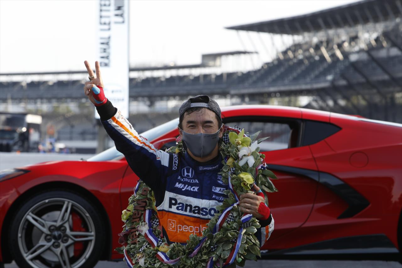 Takuma Sato, winner of the 104th Running of the Indianapolis 500 presented by Gainbridge at the Indianapolis Motor Speedway Sunday, August 23, 2020 -- Photo by: Chris Jones
