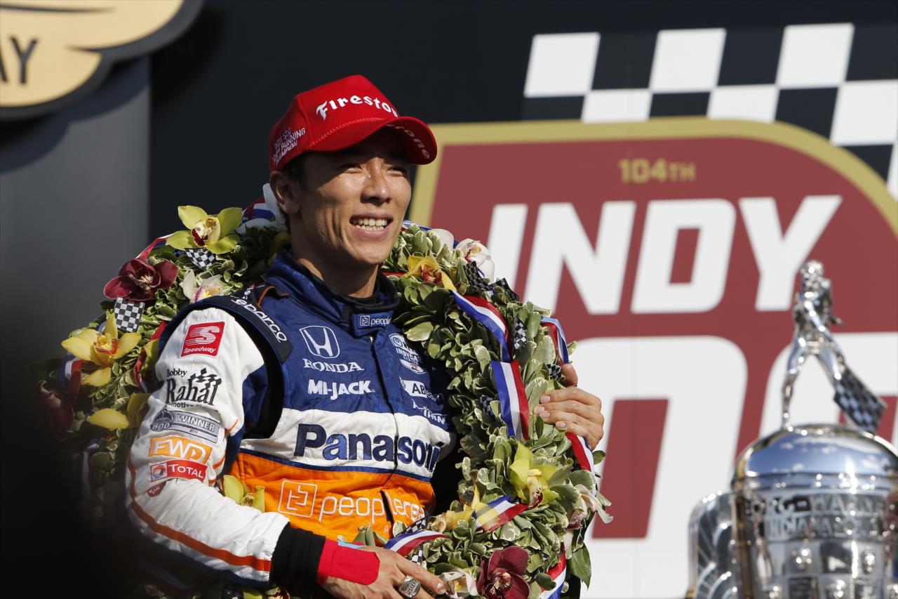 Takuma Sato celebrates winning the 104th Running of the Indianapolis 500 presented by Gainbridge at the Indianapolis Motor Speedway Sunday, August 23, 2020 -- Photo by: Chris Jones