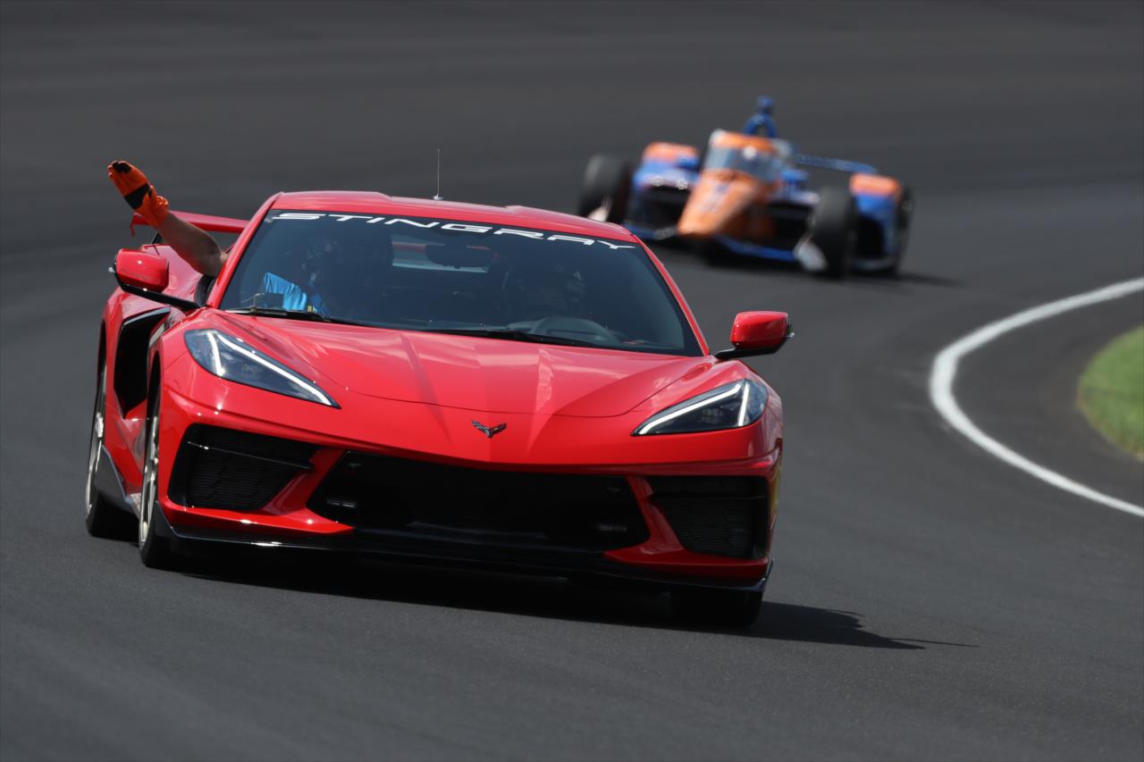 The 2020 Chevrolet Corvette Stingray pace car leads the field during the 104th Running of the Indianapolis 500 presented by Gainbridge at the Indianapolis Motor Speedway Sunday, August 23, 2020 -- Photo by: Matt Fraver