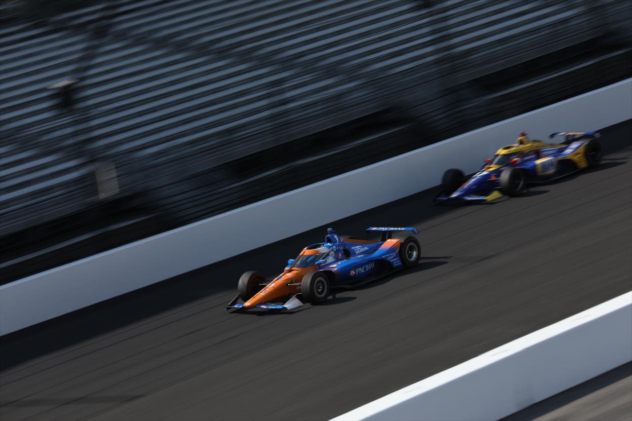 Scott Dixon passes Alexander Rossi during the 104th Running of the Indianapolis 500 presented by Gainbridge at the Indianapolis Motor Speedway Sunday, August 23, 2020 -- Photo by: Matt Fraver