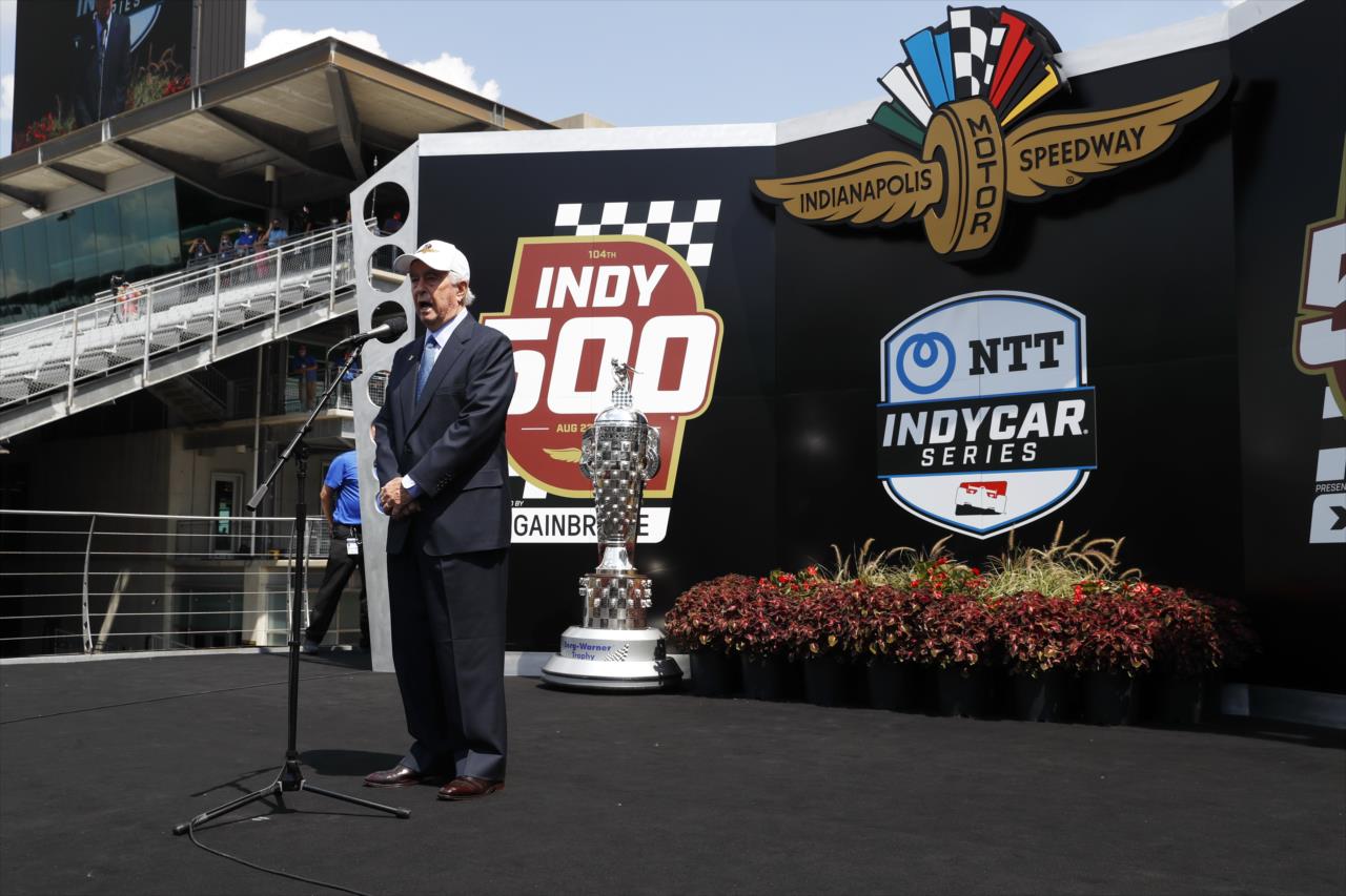 Roger Penske gives the command to start the 104th Running of the Indianapolis 500 presented by Gainbridge at the Indianapolis Motor Speedway Sunday, August 23, 2020 -- Photo by: Chris Jones