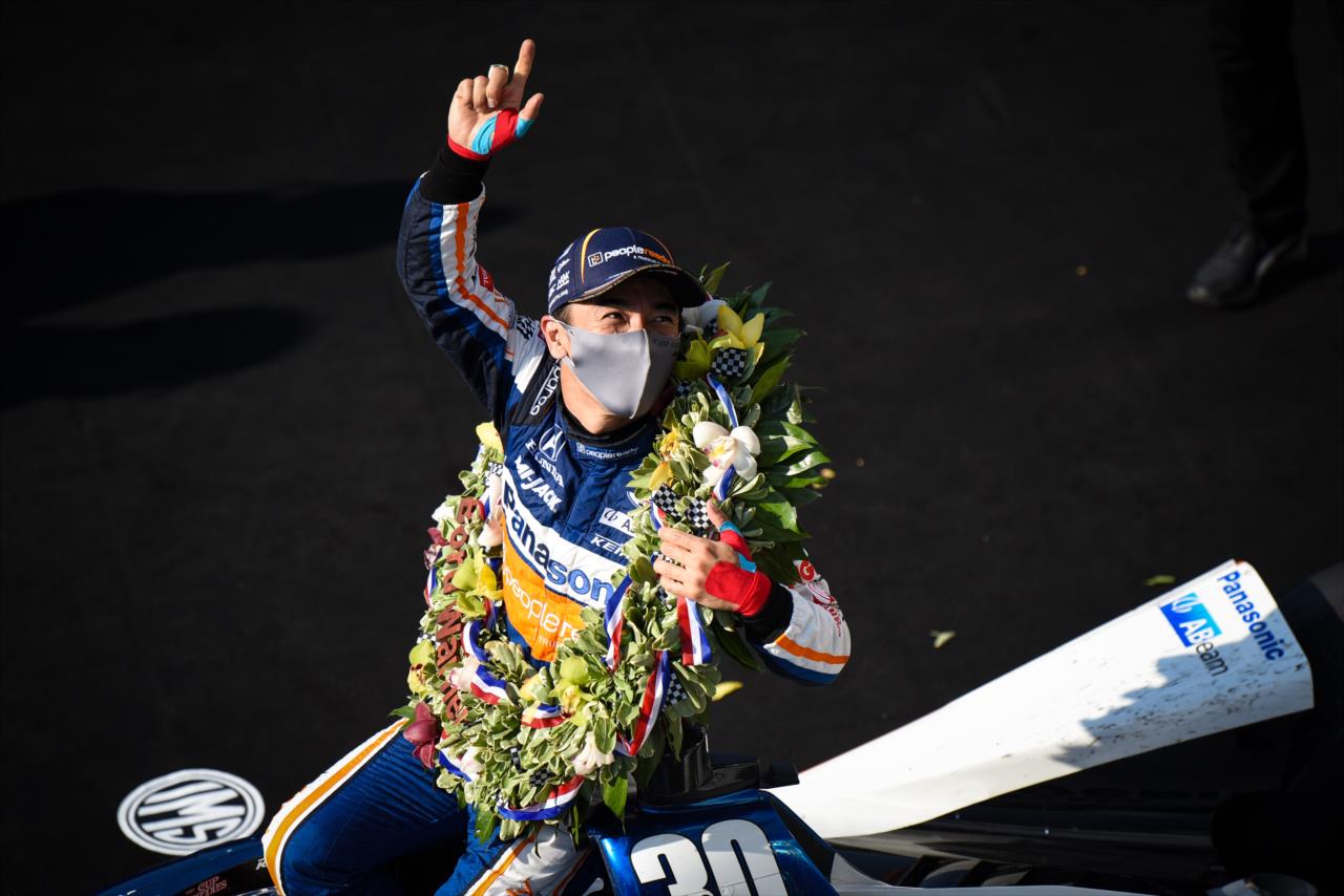Takuma Sato in Victory Lane following the 104th Running of the Indianapolis 500 presented by Gainbridge Sunday, August 23, 2020 -- Photo by: James  Black