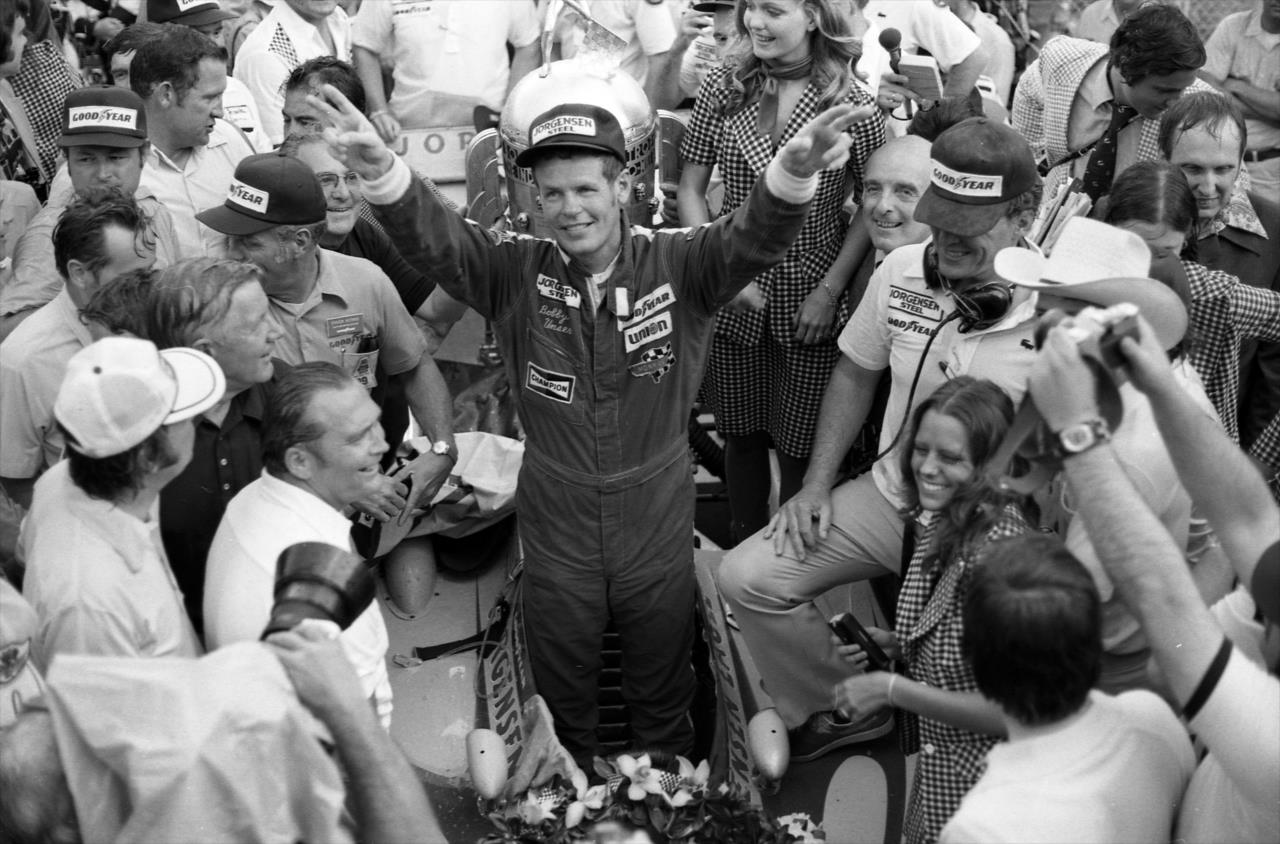 Bobby Unser celebrates in Victory Circle after winning the 1975 Indianapolis 500