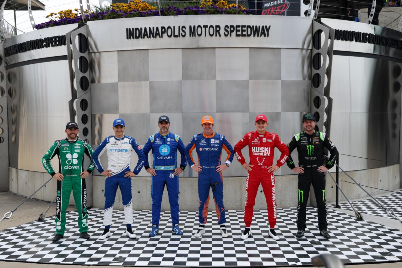 From left, Chip Ganassi Racing drivers Ross Chastain, Alex Palou, Jimmie Johnson, Scott Dixon, Marcus Ericsson and Kurt Busch post for an organization-wide photo at IMS on Saturday, Aug. 14. -- Photo by: Joe Skibinski