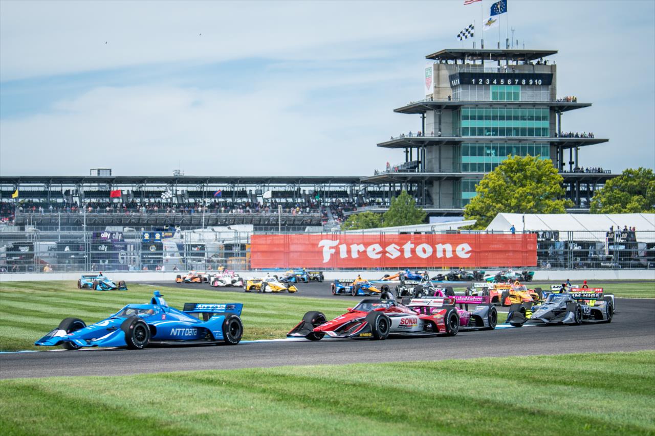Alex Palou leads Rinus VeeKay through Turn 8, with the famed Pagoda in the background, during the Big Machine Spiked Coolers Grand Prix on Saturday, Aug. 14. -- Photo by: Karl Zemlin