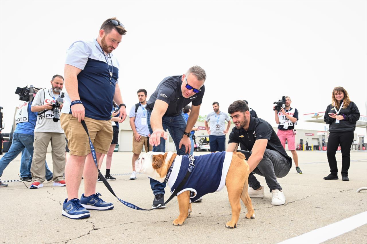 Ed Carpenter and Rinus VeeKay with Butler's mascot Blue - Indianapolis 500 Practice - By: James Black -- Photo by: James  Black