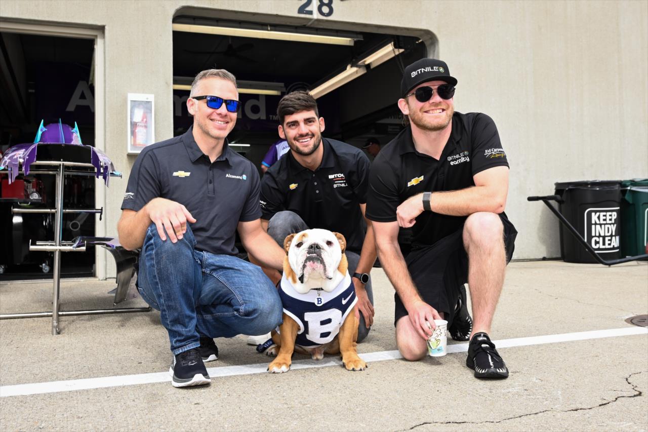 Ed Carpenter, Rinus VeeKay and Conor Daly with Butler's mascot Blue - Indianapolis 500 Practice - By: James Black -- Photo by: James  Black