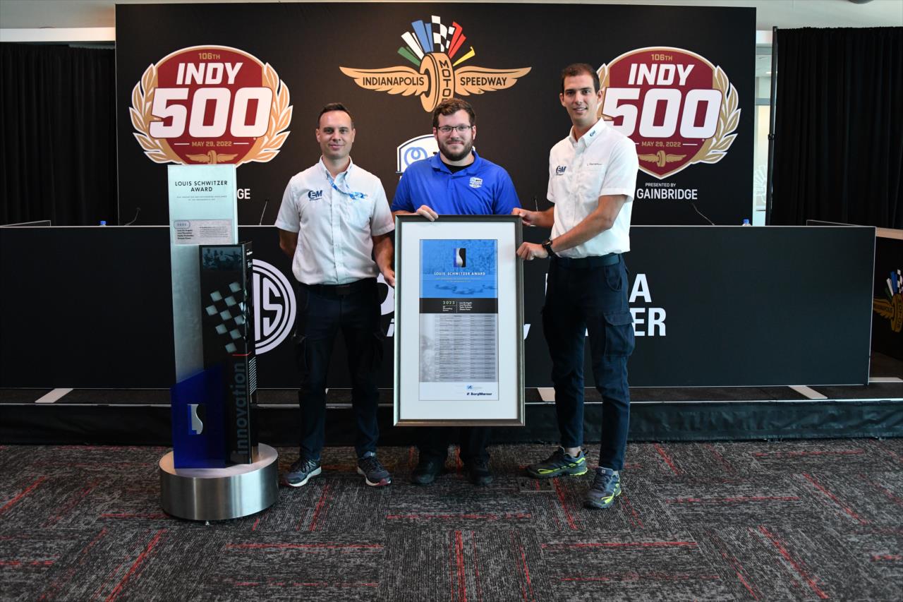 Luca De Angelis, Taylor Prohaska and Luca Pierrettori receive the 2022 Louis Schwitzer Award - Indianapolis 500 Practice - By: Dana Garrett -- Photo by: Dana Garrett