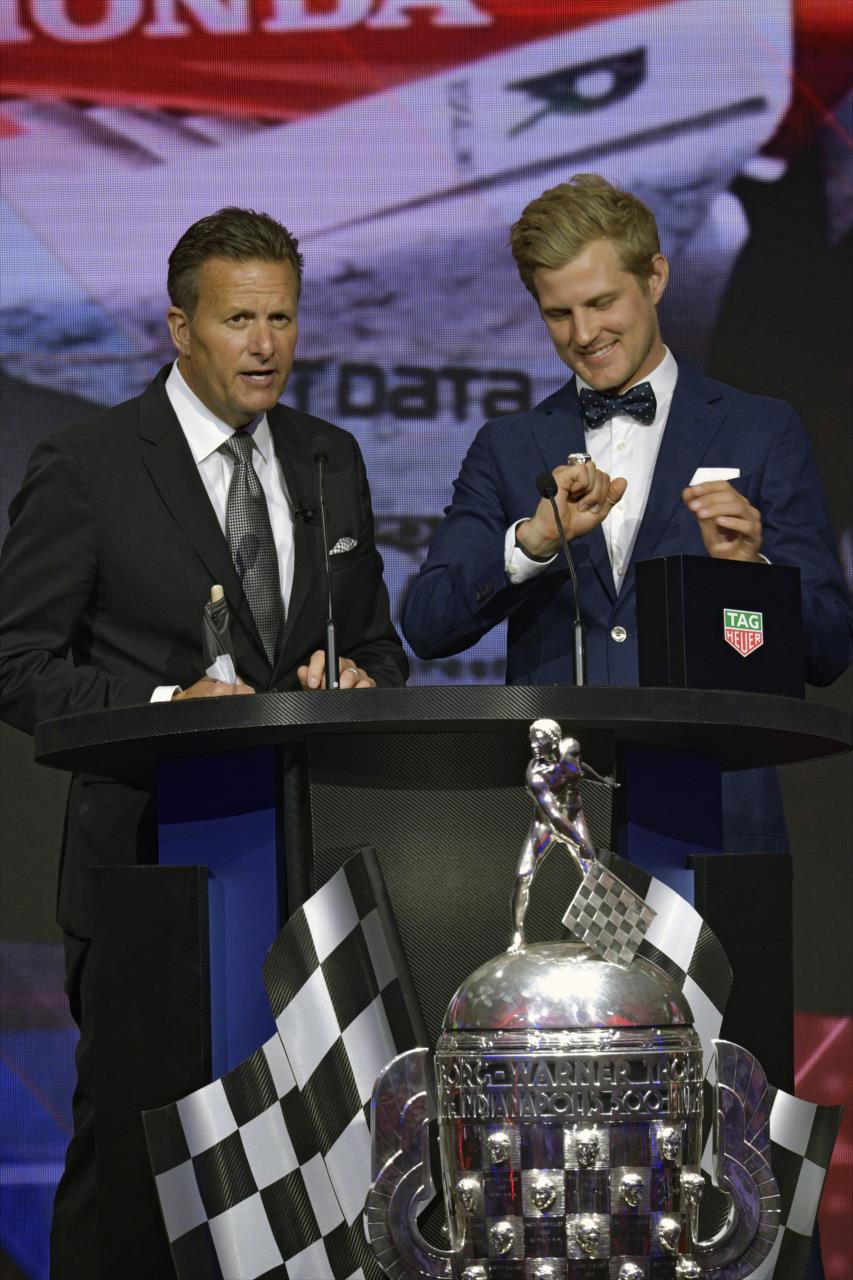 Dave Calabro and Marcus Ericsson - 106th Indianapolis 500 Victory Celebration - By: Walt Kuhn -- Photo by: Walt Kuhn