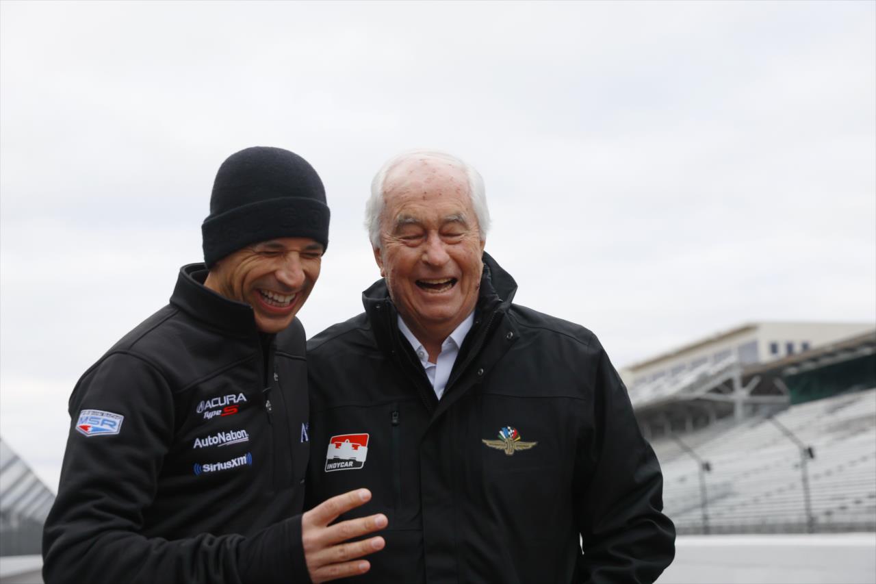 Helio Castroneves and Roger Penske at unveiling of Helio's 4 Time Winner Brick at Yard of Bricks - By: Chris Jones -- Photo by: Chris Jones