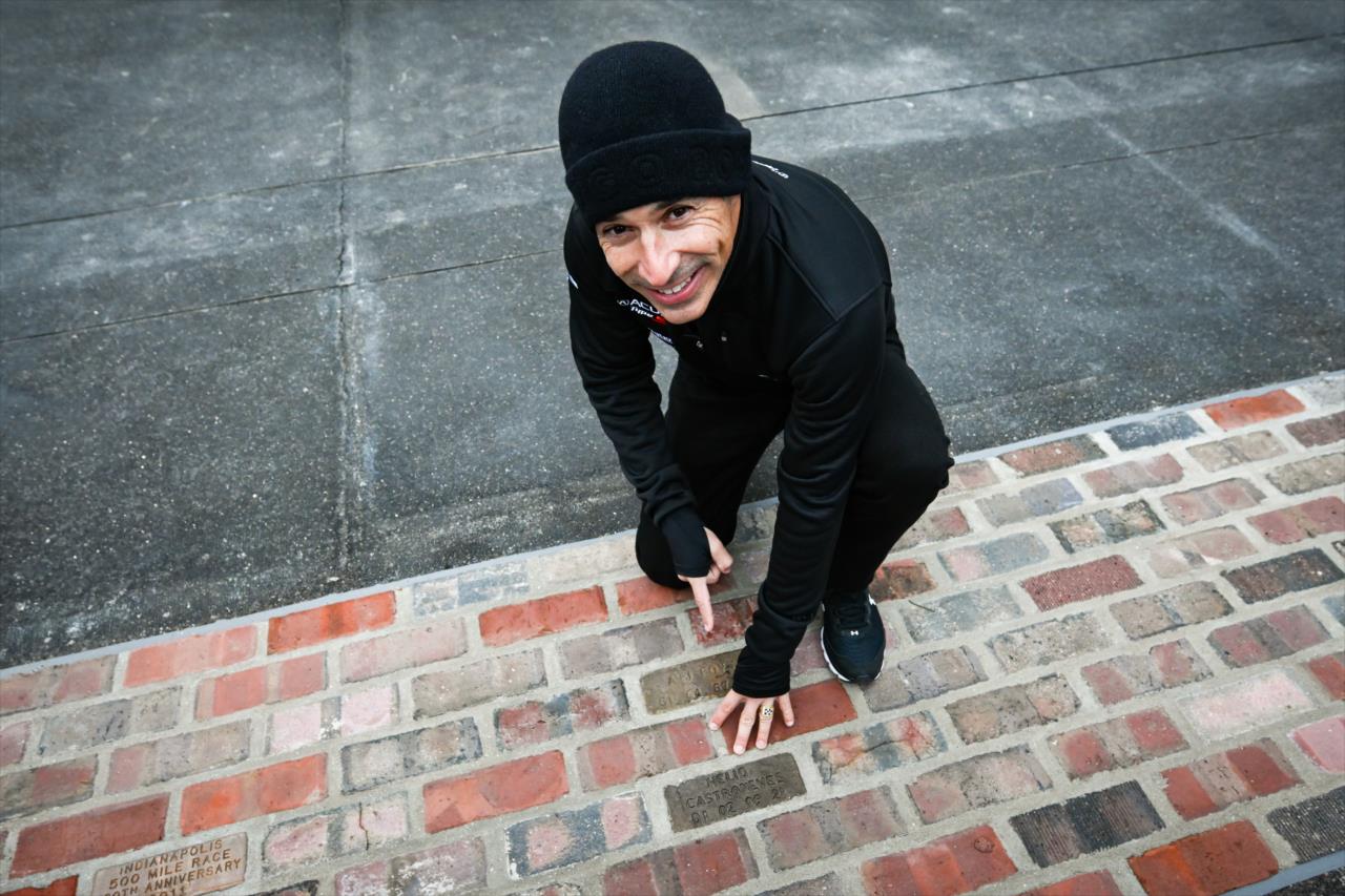 Helio Castroneves unveils his 4 Time Winner Brick at Yard of Bricks - By: James Black -- Photo by: James  Black