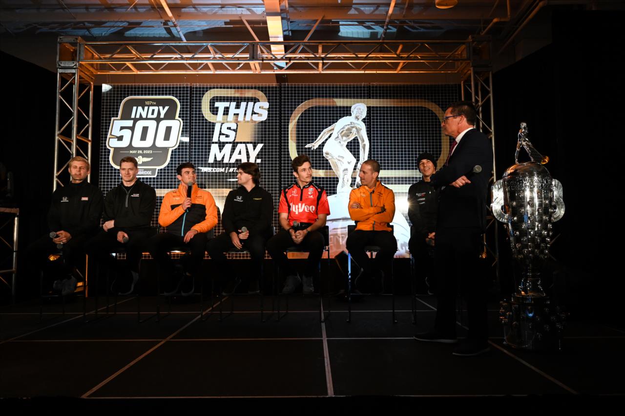Marcus Ericsson, Josef Newgarden, Pato O'Ward, Colton Herta, Christian Lundgaard, Tony Kanaan, Helio Castroneves and Doug Boles at Indy 500 - 100 Days Out Fan Party - By: James Black -- Photo by: James  Black