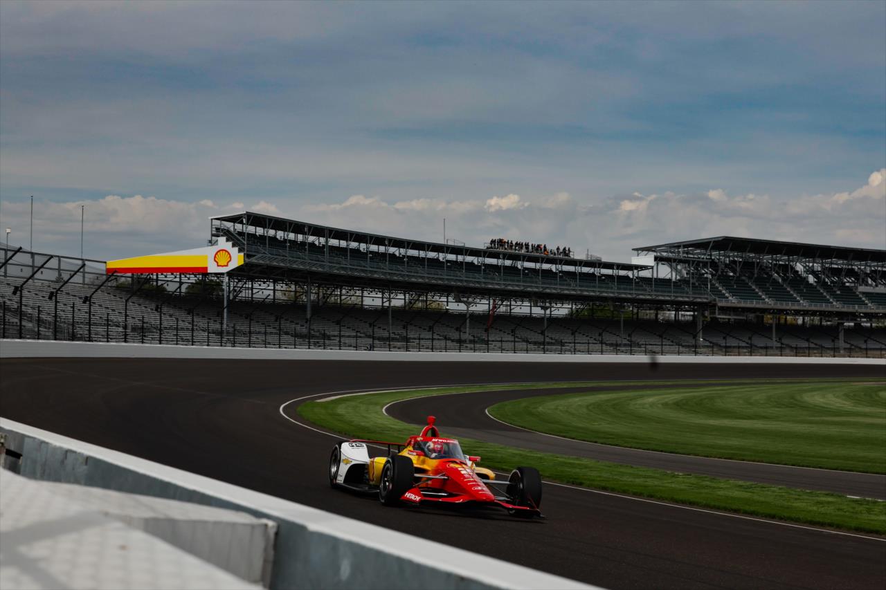 Josef Newgarden exits turn one in testing at Indianapolis. - Indianapolis 500 Open Test - By: Joe Skibinski -- Photo by: Joe Skibinski