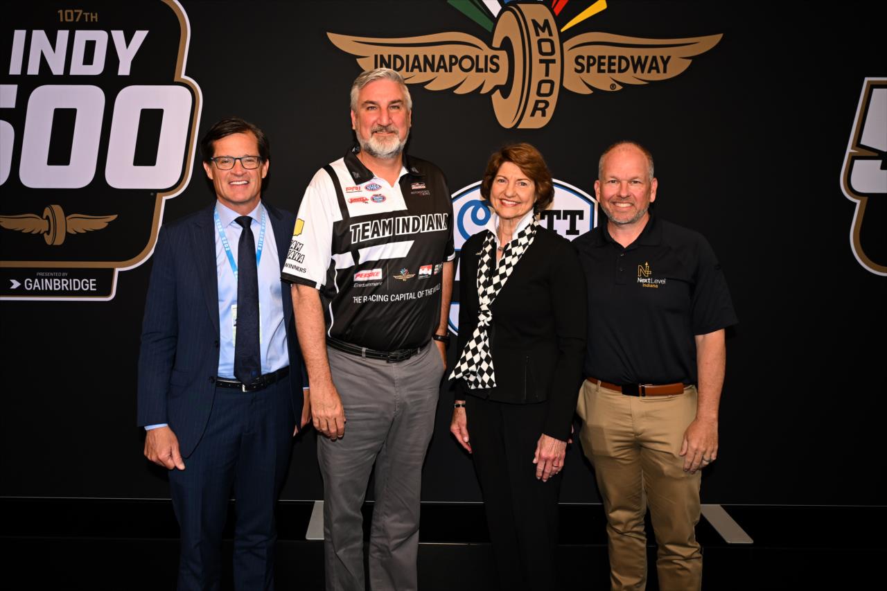 Doug Boles, Governor Eric Holcomb, IDDC Secretary & CEO Elaine Bedel and INDOT Commissioner Mike Smith - Indianapolis 500 Practice - By: James Black -- Photo by: James  Black