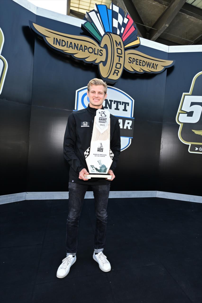 Marcus Ericsson with the Winners Drink Milk award - Indianapolis 500 Practice - By: Walt Kuhn -- Photo by: Walt Kuhn