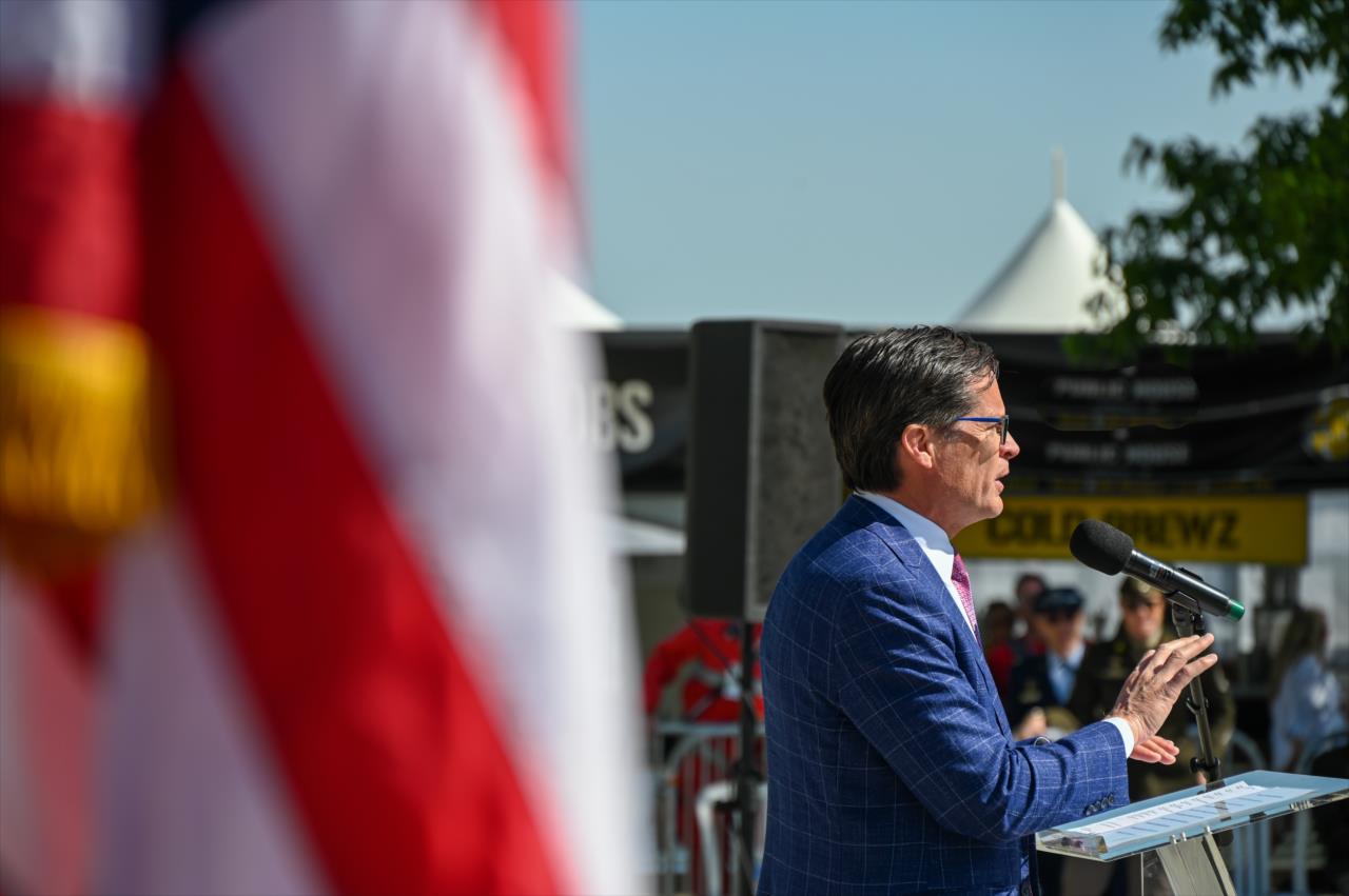 IMS President Doug Boles during the Crown Royal Armed Forces Qualifications Enlistment Ceremony - PPG Presents Armed Forces Qualifying - By: Doug Mathews -- Photo by: Doug Mathews