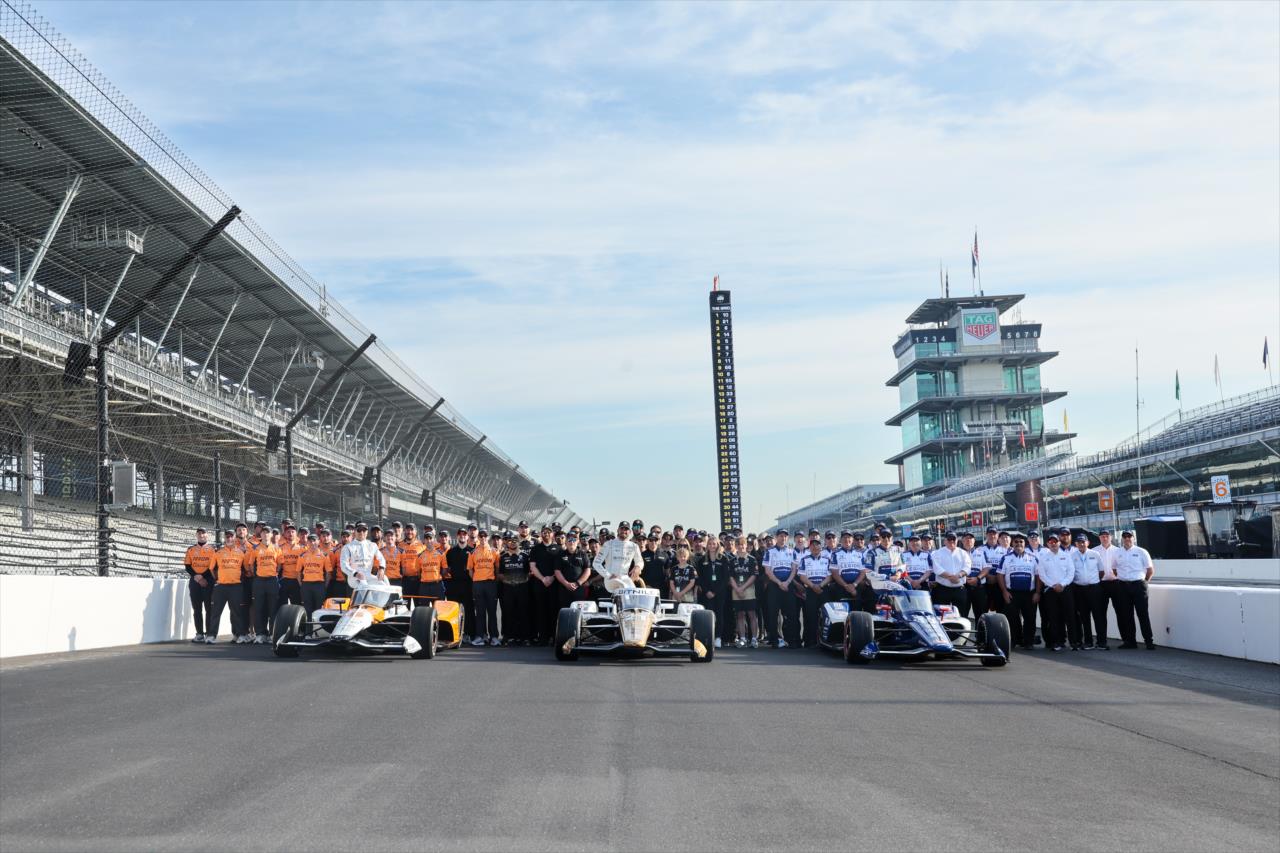 Felix Rosenqvist, Rinus VeeKay and Alex Palou - Indianapolis 500 Front Row Photoshoot - By: Chris Owens -- Photo by: Chris Owens