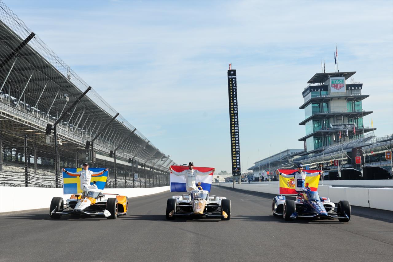 Felix Rosenqvist, Rinus VeeKay and Alex Palou - Indianapolis 500 Front Row Photoshoot - By: Chris Owens -- Photo by: Chris Owens