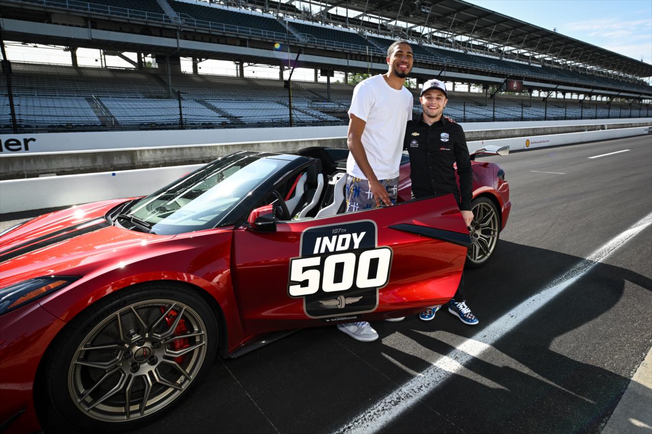 Indiana Pacer Tyrese Haliburton practices driving the Z06 Chevrolet Corvette Pace Car with Santino Ferrucci - By: James Black -- Photo by: James  Black