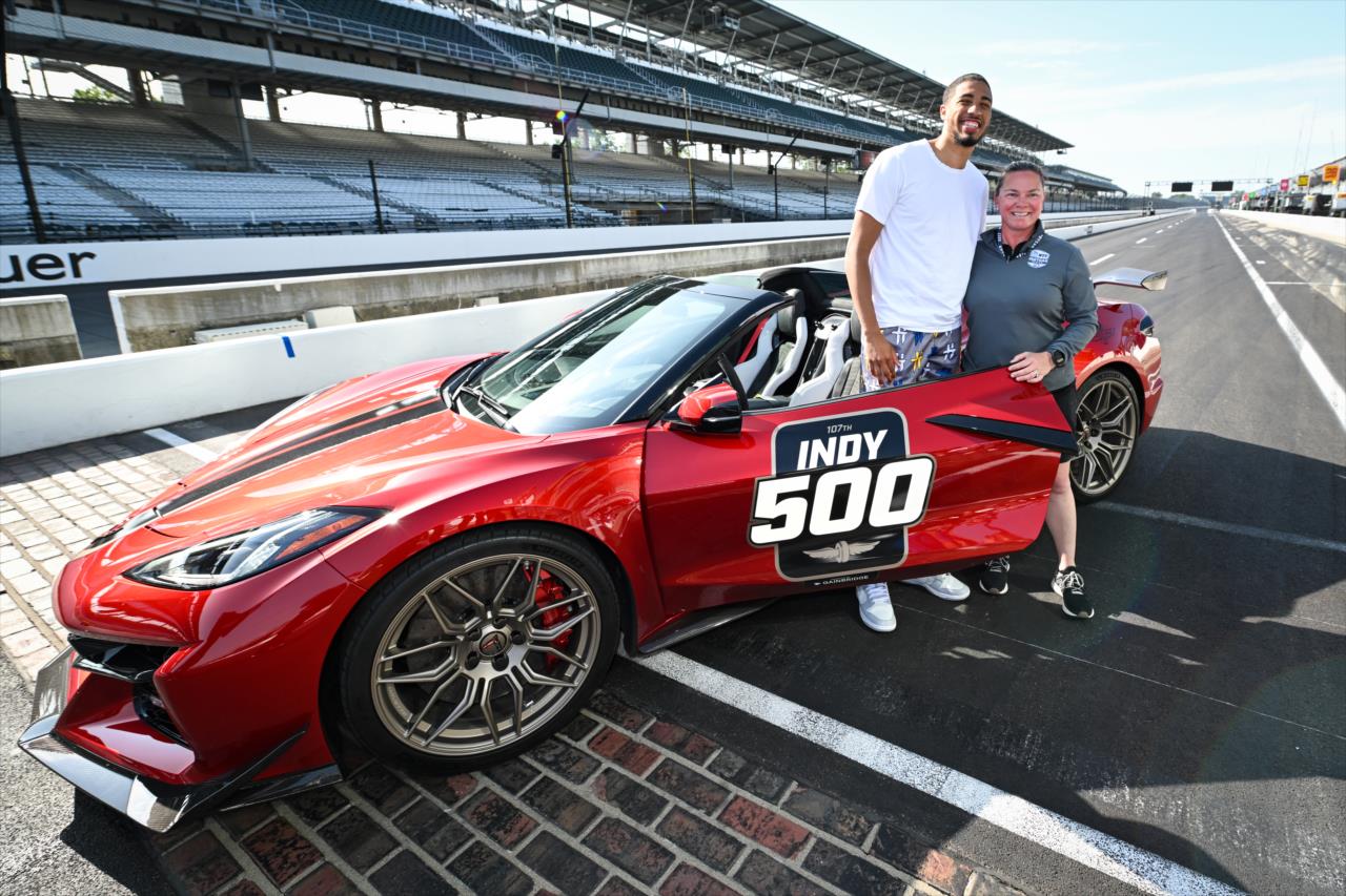 Indiana Pacer Tyrese Haliburton practices driving the Z06 Chevrolet Corvette Pace Car with Sarah Fisher - By: James Black -- Photo by: James  Black