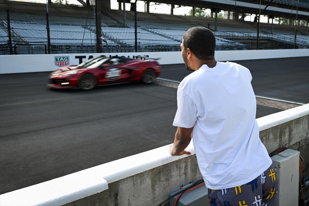 Indiana Pacer Tyrese Haliburton practices driving the Z06 Chevrolet Corvette Pace Car - By: James Black -- Photo by: James  Black