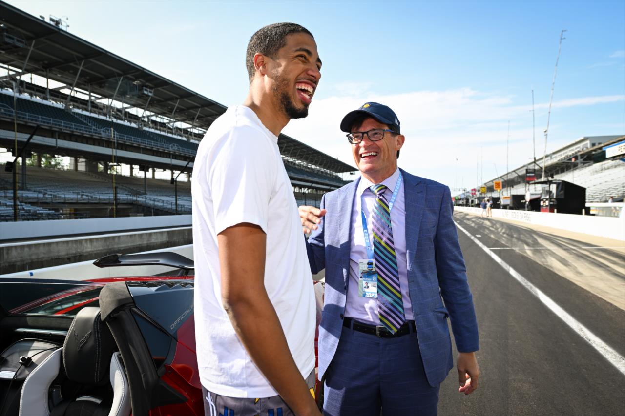 Indiana Pacer Tyrese Haliburton practices driving the Z06 Chevrolet Corvette Pace Car with Doug Boles - By: James Black -- Photo by: James  Black