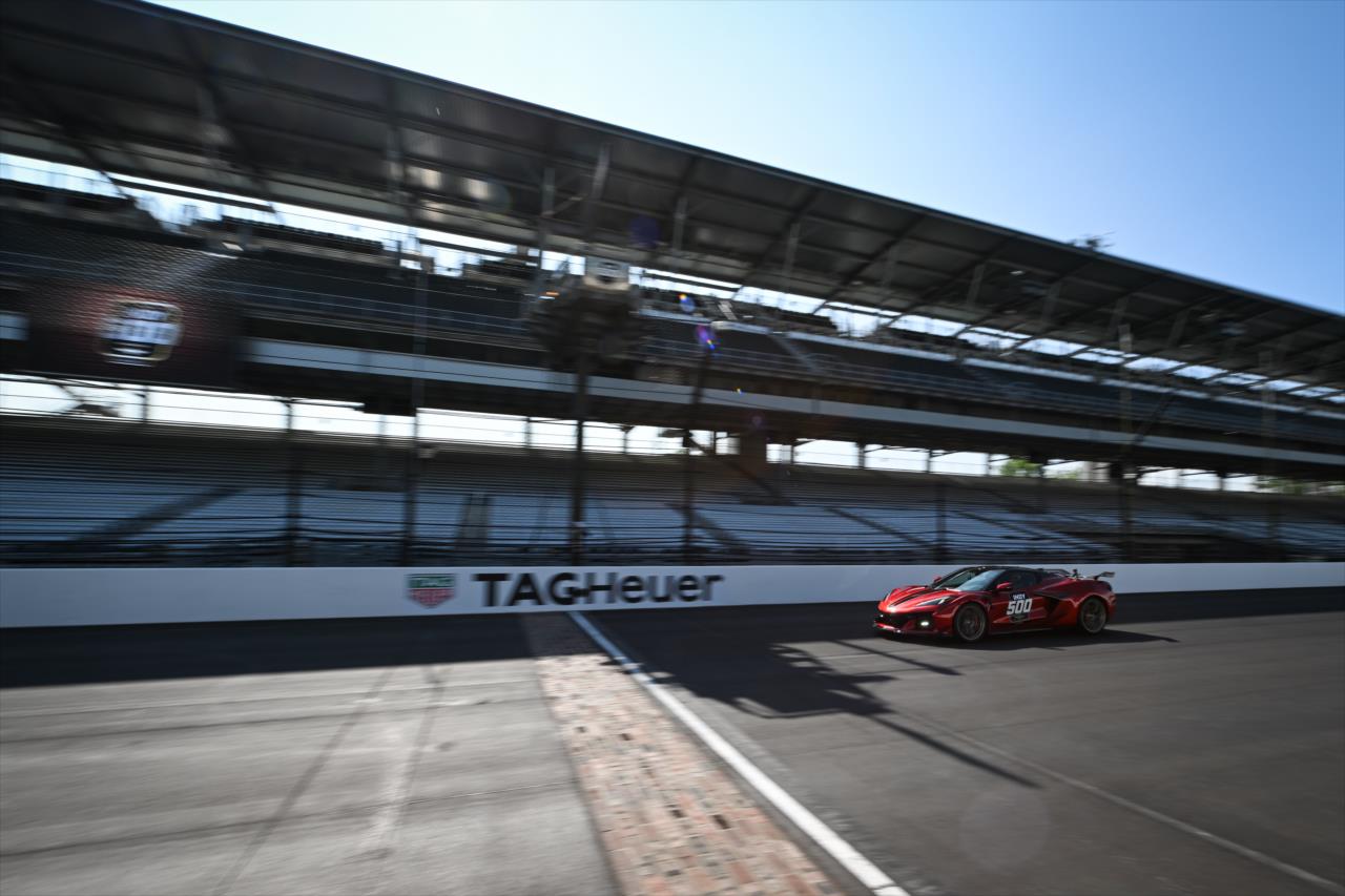 Indiana Pacer Tyrese Haliburton practices driving the Z06 Chevrolet Corvette Pace Car - By: James Black -- Photo by: James  Black