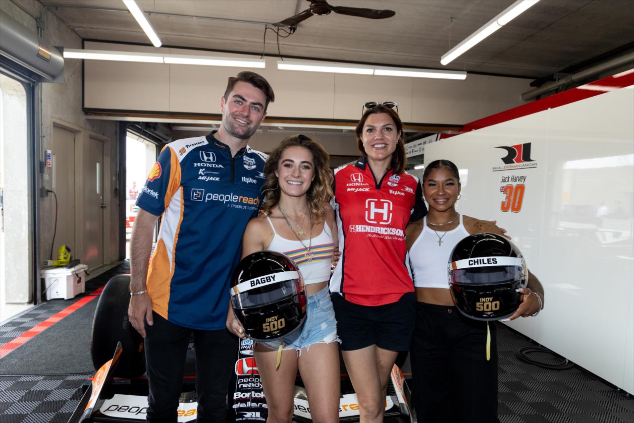 Katherine Legge and Jack Harvey with Jordan Chiles and Demi Bagby - Legends Day by Firestone - By: Travis Hinkle -- Photo by: Travis Hinkle