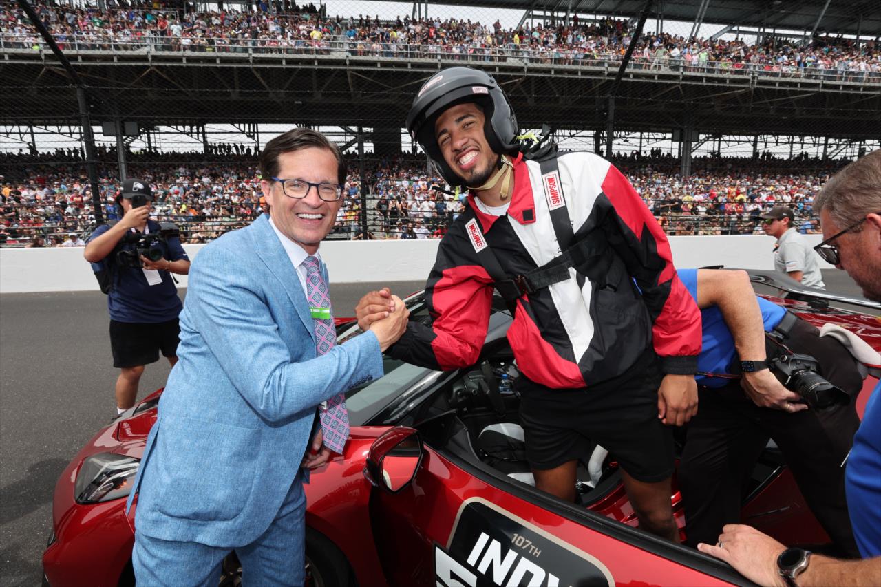 IMS President Doug Boles with pace car driver and Indiana Pacers Tyrece Haliburton - 107th Running of the Indianapolis 500 Presented By Gainbridge - By: Chris Owens -- Photo by: Chris Owens