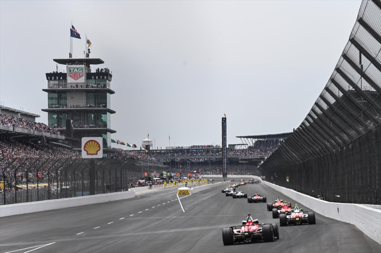 Setting sail down the frontstretch - 107th Running of the Indianapolis 500 Presented By Gainbridge - By: Doug Mathews -- Photo by: Doug Mathews