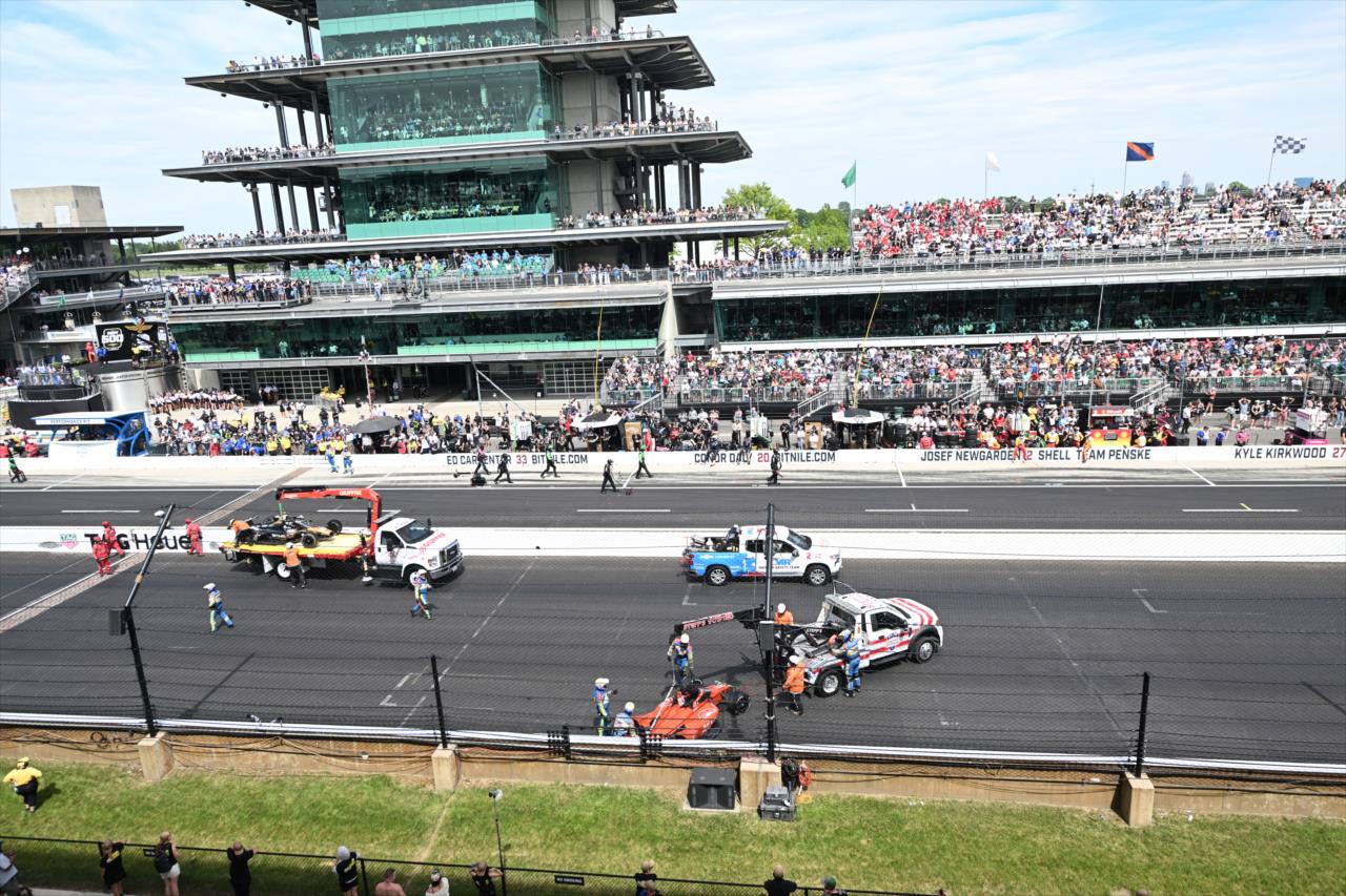 Cleanup on the frontstretch - 107th Running of the Indianapolis 500 Presented By Gainbridge - By: Doug Mathews -- Photo by: Doug Mathews