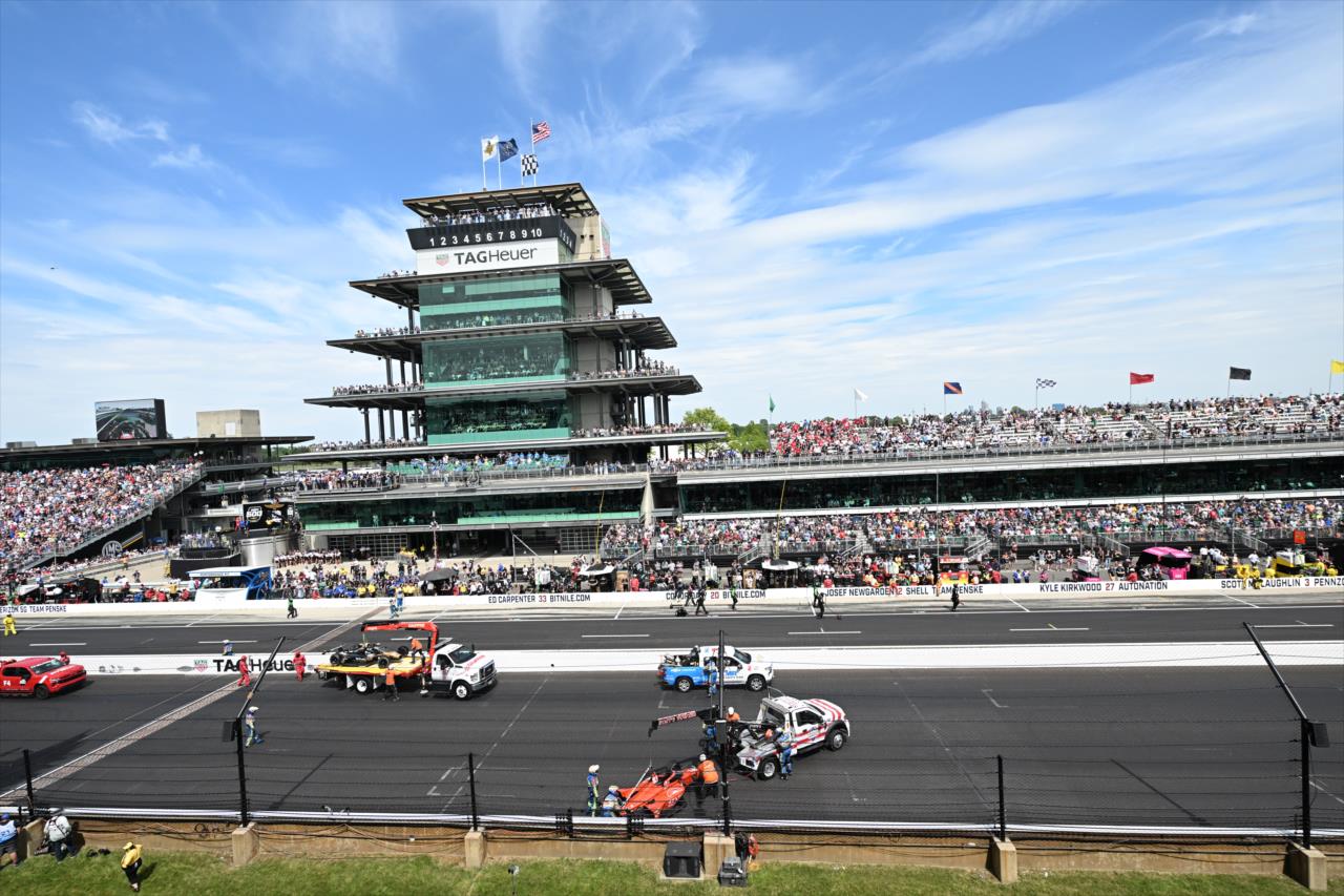 Cleanup on the front stretch - 107th Running of the Indianapolis 500 Presented By Gainbridge - By: Doug Mathews -- Photo by: Doug Mathews