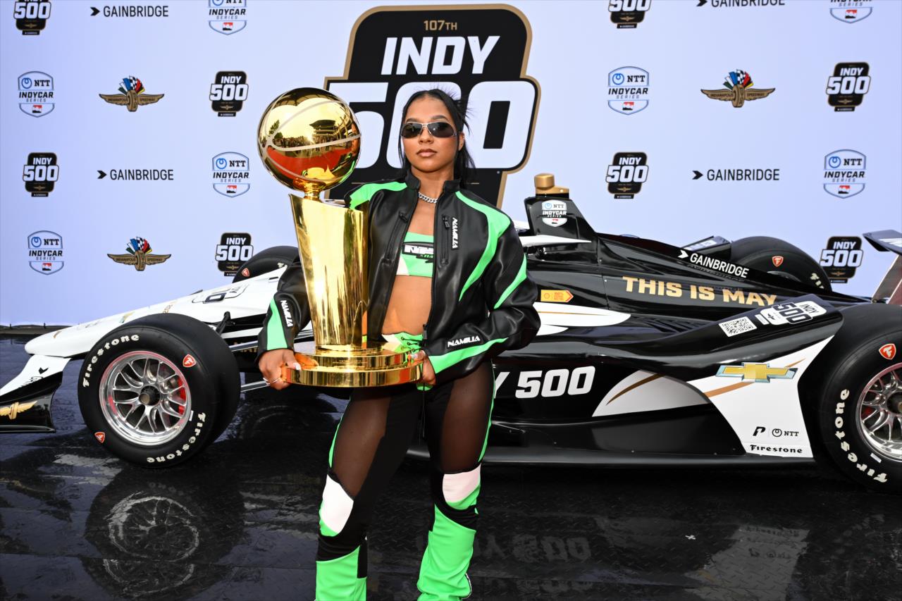 Gymnast Jordan Chiles and the NBA Larry O'Brien Trophy - 107th Running of the Indianapolis 500 Presented By Gainbridge - By: James Black -- Photo by: James  Black