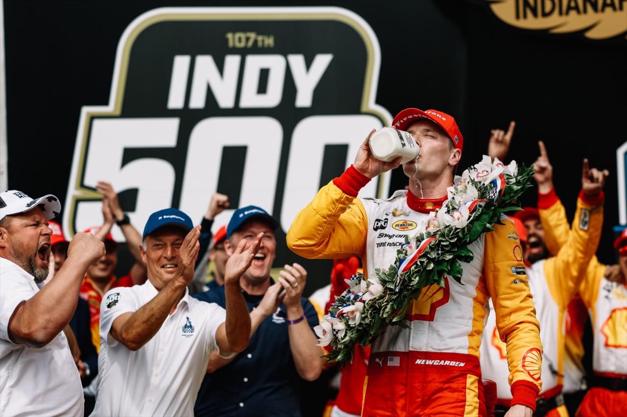 Josef Newgarden drinks the milk - 107th Running of the Indianapolis 500 Presented By Gainbridge - By: Joe Skibinski -- Photo by: Joe Skibinski