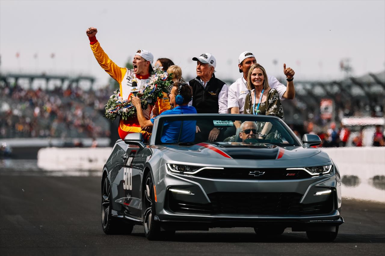 Josef Negarden takes a victory lap - 107th Running of the Indianapolis 500 Presented By Gainbridge - By: Joe Skibinski -- Photo by: Joe Skibinski