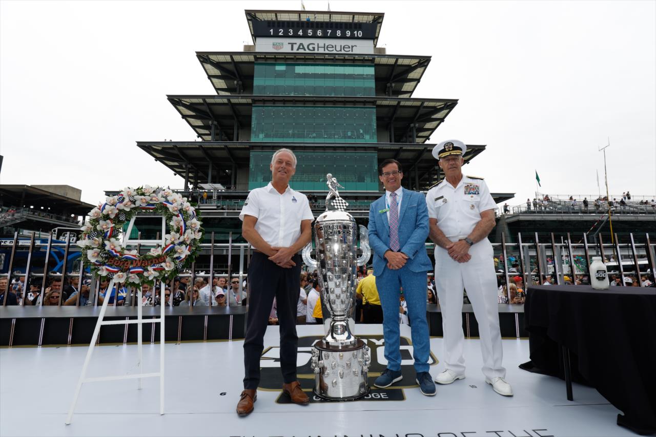 Borg-Warner Trophy, Wreath, Pagoda, and IMS President Doug Boles - 107th Running of the Indianapolis 500 Presented By Gainbridge - By: Joe Skibinski -- Photo by: Joe Skibinski