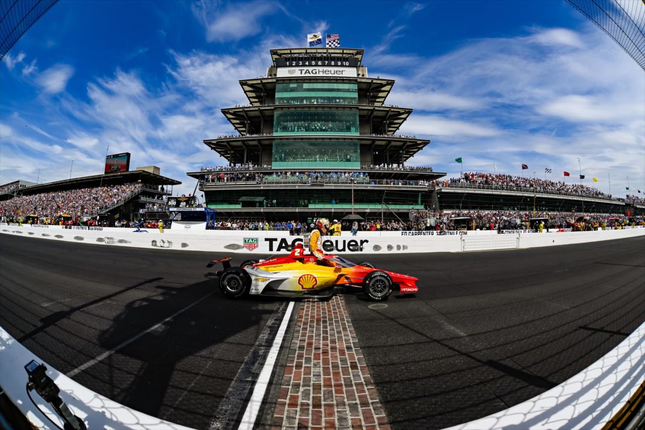 Josef Newgarden stops on the Yard of Bricks - 107th Running of the Indianapolis 500 Presented By Gainbridge - By: Karl Zemlin -- Photo by: Karl Zemlin