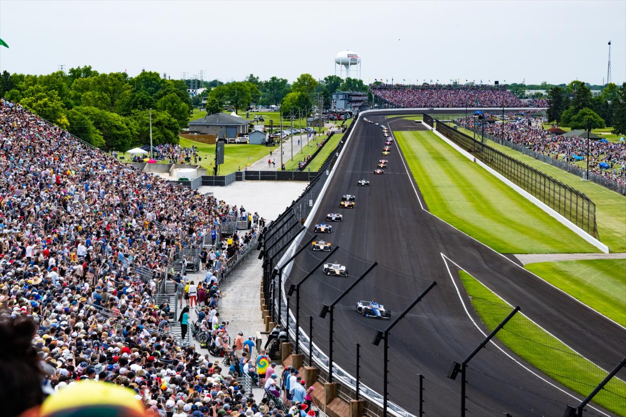 Alex Palou leads the field into Turn 3 - 107th Running of the Indianapolis 500 Presented By Gainbridge - By: Karl Zemlin -- Photo by: Karl Zemlin